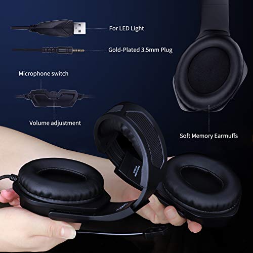 Gaming Headset with Microphone, Noise Canceling Headphones with 3D Surround Sound Stereo, Soft Earmuff & RGB LED Light, Over-Ear Game Headphones for PC, PS4, Xbox One, PS5, Mac, Laptop-Black