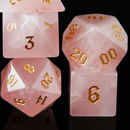 Pink Quartz Crystal DND Dice Set 7 PCS Gemstone Suitable for Dungeons and Dragons for D & D RPG Games (Pink Quartz - color: Pink Quartz