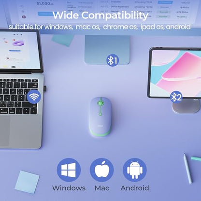 seenda MOU001 Bluetooth Wireless Mouse for Laptop,Slim Mice,Green&Purple | Rechargeable Computer mouse with USB and dual Bluetooth, 3-level DPI and quiet clicks for Windows, Macbook, iPad and Travel. - color: green&purple