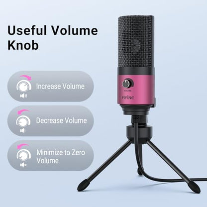 FIFINE USB Microphone, Condenser Podcast Mic with Volume Knob Control, Metal Tripod Stand, USB Cable for Recording, Online Meeting, Streaming, Video Conferencing, PC Desk Microphone-K669 Rose Red | PC Desk Microphone with Volume Knob Control, Metal Tripod