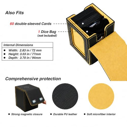 MTG Deck Box with Commander Display Window (Black&Yellow, 1 window) | Holds 120 Single/100 Double-Sleeved Cards, Fit MTG/PTCG/OPTCG Cards, Strong Magnet, PU Leather, With 2 Dividers & 1 Toploader - color: Black and Yellow