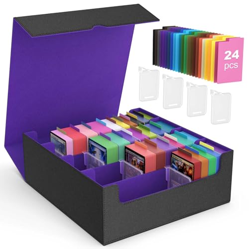 MoKo Trading Card Storage Box for MTG, 3000+ Card Organizer, Black Purple | MTG Deck Box, w/ 24 Colorful Dividers & 4 Card Supporters, MTG Card Storage for Magic Game, TCG, PTG Baseball and Sport Cards - color: Black Purple, size: 4 Slots without side dis