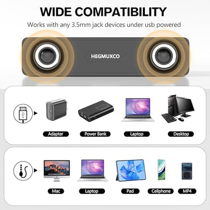 Compact PC Speakers for Desktop - 10W Wired Stereo Speaker with Volume Control Knob, USB Powered, 3.5mm Audio Input, Laptop Expertly Tuned Computer Soundbar with Deep Bass for Office, Home, and Gaming