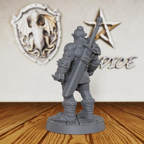 AUSPDICE Heroic Unpainted Fantasy Minis, 32mm Half Orc Warrior Figure-AS406 | Half Orc Warrior with Shoulder Armor and Sheathed Sword for Role Playing, DND, TTRPGs, Dungeon Masters and Tabletop Gaming