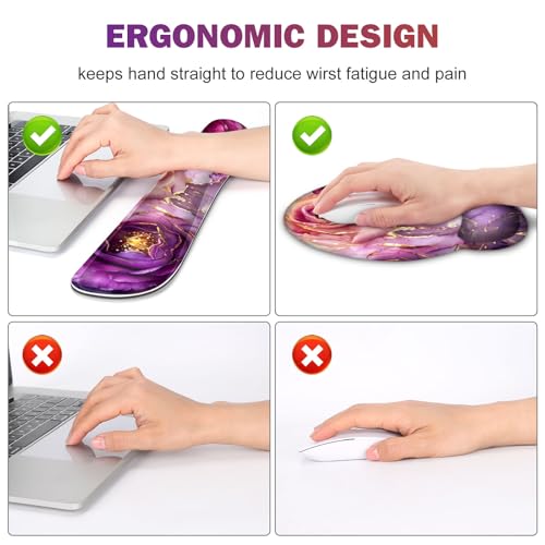 Gaming Mouse Pad Large Desk Mat, Cute Purple Marble Rose Desk Pad Protector | 4in1 XXL Mousepad + Keyboard Wrist Rest+Mouse Wrist Rest+Coaster Set with Ergonomic Desk Pad for Home Office PC,Flowers - color: Marble Rose Purple Flowers