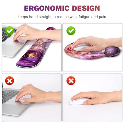 Gaming Mouse Pad Large Desk Mat, Cute Purple Marble Rose Desk Pad Protector | 4in1 XXL Mousepad + Keyboard Wrist Rest+Mouse Wrist Rest+Coaster Set with Ergonomic Desk Pad for Home Office PC,Flowers - color: Marble Rose Purple Flowers