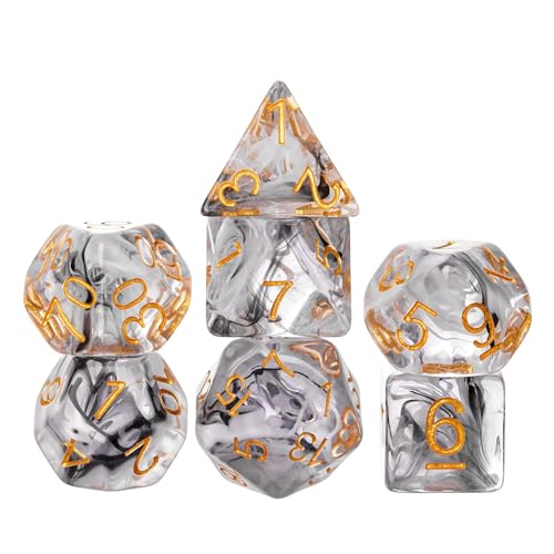 UDIXI 7PCS DND Dice Set, Resin Polyhedral D&D Dice for Role Playing Games | Black White Colors, Dreamy Effect, Velvet Dice Bag Packaging, for Dungeons and Dragons Role Playing Games and Tabletop Games - color: S-black and White