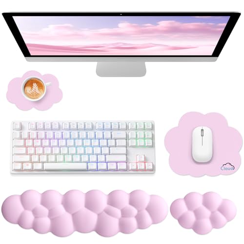 Sushret Cloud Wrist Rest for Computer Keyboard and Mouse Pad Set, Pink | Memory Foam, Leather, 4-in-1 Cloud Keyboard Wrist Rest Set with Ergonomic Support for Arm and Palm Cushion, Gaming/Work Setup - color: 03 Pink Set, size: Full Size