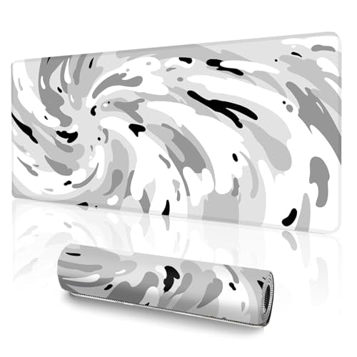 Gaming Mouse Pad L (31.5x11.8in) - Abstract Grey & White Liquid Swirl, Modern Fluid Art Pattern - Office Desk Decor - color: Grey Fluid, size: 11.8x31.5''