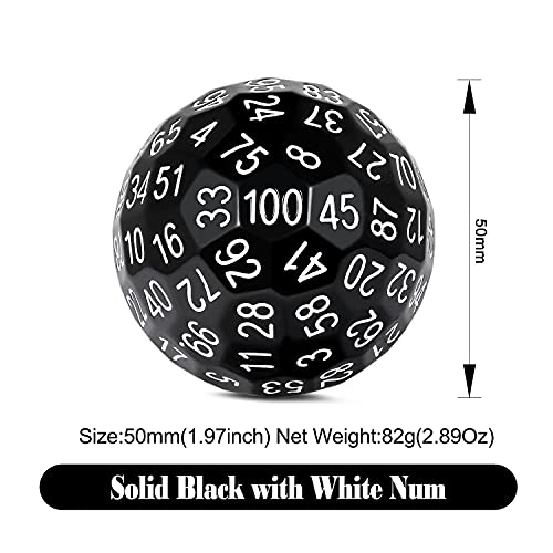 DNDND d100 Polyhedral Solid Black Single 100 Sided Dice with Translucent Pouch (Solid Black with White Number) - color: Solid Black