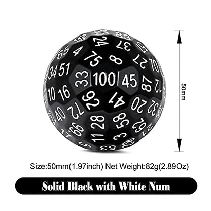 DNDND d100 Polyhedral Solid Black Single 100 Sided Dice with Translucent Pouch (Solid Black with White Number) - color: Solid Black
