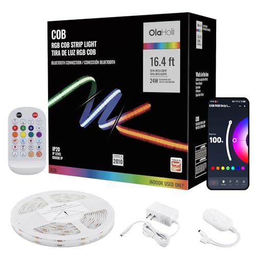 Bluetooth RGB COB Led Strip Light | 16.4ft, Tuya App, IR Remote, Color Changing, Music Sync, Bright, Flexible, Multicolor for Kitchen, Room, Party Decoration - size: 16.4ft-No support for Alexa and Google