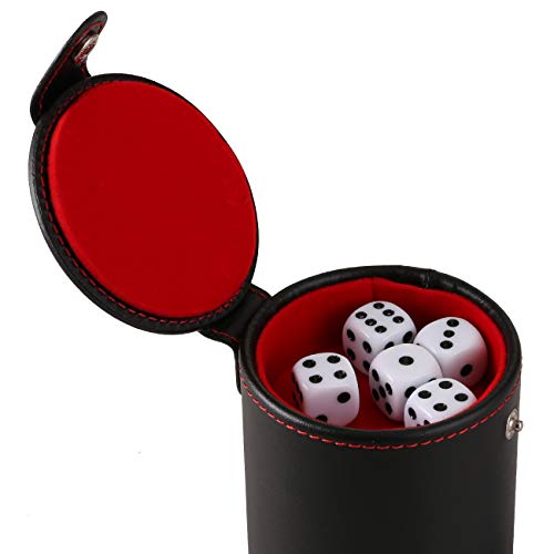 GWHOLE Leather Dice Cup with Lid & Storage Compartment, Includes 5 Dice | Quiet Felt Lined Interior, Secure Snap Lid, For Yahtzee, Farkle, Backgammon, Bar Birthday Party Craps Games - color: Red