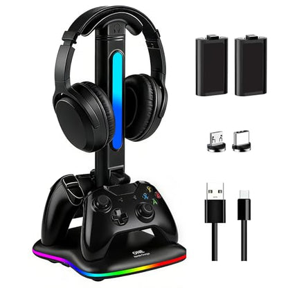 Controller Charger with RGB Headphone Stand & 2X6660mWh Battery Packs for Xbox Series X/S/One/One S/X, XSX Controller Charger Station, Headset and Controllers Stand Holder - size: Xbox Dual Charger with 2 Batteries