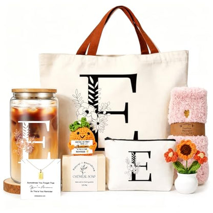 DHQH Birthday Gifts for Women, Monogrammed Gifts Box Included 16 oz Initial Glass Drinking Cup,Canvas Tote Bag, Personalized Iced Coffee Tumbler Gift for Women Her Mom Teacher Friends Sister, E - color: letter-cup-e