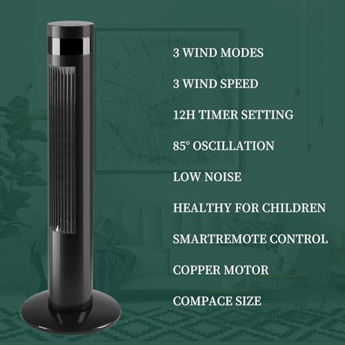 Antarctic Star Tower Fan 85°Oscillating Fan Quiet Cooling 12H Timer Remote Control Bladeless Electric 3 Speeds Wind 3 Modes, 35INCH, BLACK - color: Black, size: 35 inch