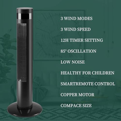 Antarctic Star Tower Fan 85°Oscillating Fan Quiet Cooling 12H Timer Remote Control Bladeless Electric 3 Speeds Wind 3 Modes, 35INCH, BLACK - color: Black, size: 35 inch