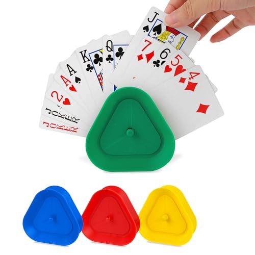 ZUFECY 4-Pack Triangular Card Holders, Small Lightweight ABS Holders for Kids and Seniors, 4 Colors with Push-Button Design for Poker Parties, School and Family Card Games