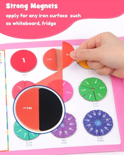 D-FantiX Magnetic Fraction Book, Magnetic Fraction Tiles & Fraction Circles Set, Math Manipulatives for Elementary School, Montessori Fraction Manipulatives Learning Tools for Kids - color: Pink