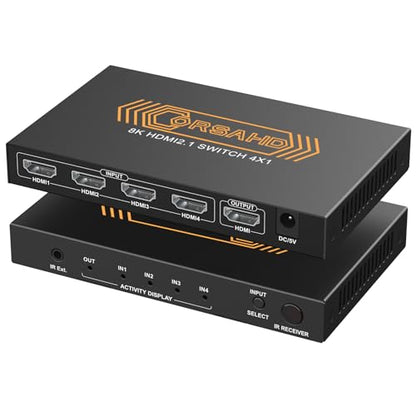 CORSAHD 8K@60Hz HDMI 2.1 Switch 4x1 4K 120Hz 48Gbps,HDCP 2.3,ARC,VRR,CEC,HDMI Switcher 4 in 1 Out,4 Port HDMI Selector,IR Remote,3D,HDR 10,Dolby Atmos,for TV,PS5,Xbox,Fire Stick,Roku,Blu Ray,Projector