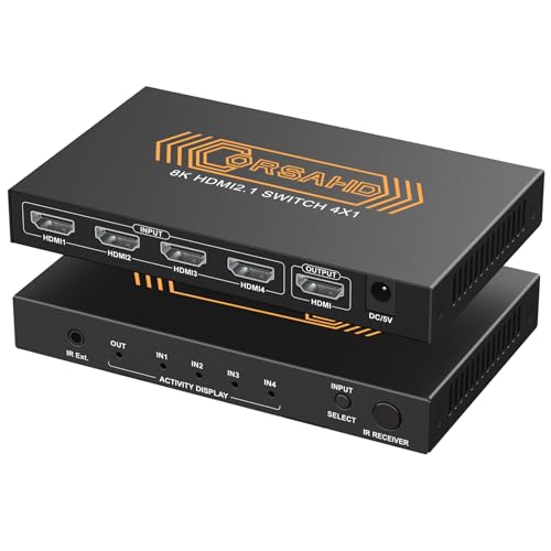 CORSAHD 8K@60Hz HDMI 2.1 Switch 4x1 4K 120Hz 48Gbps,HDCP 2.3,ARC,VRR,CEC,HDMI Switcher 4 in 1 Out,4 Port HDMI Selector,IR Remote,3D,HDR 10,Dolby Atmos,for TV,PS5,Xbox,Fire Stick,Roku,Blu Ray,Projector