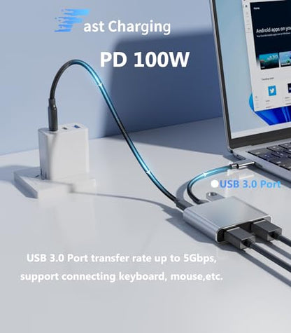USB C to Dual HDMI Adapter |4K60Hz HDMI Splitter Extended Display for Dual Monitors,100W PD,USB 3.0 Port Converter Compatible with Laptop,Tablet,Graphics Card - size: 6.6inch