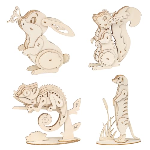 ELX 3D Wooden Animal Puzzles for Kids 6+, 4 Piece Set Animal Models, Wood Building Craft Kits Stem Toys peresents for Kids and Adults - style: 3D-Wildlife