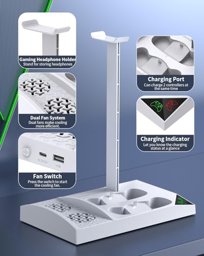 MENEEA Charger Stand Cooling Fan for Xbox Series S Console&Controller,White | Vertical Dual Cooler System Charging Dock Accessories with 2x1400mAh Rechargeable Battery, Earphone Bracket for Xbox Series S - color: White