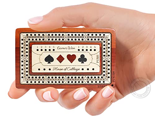 House of Cribbage - 2 Track - Wooden Travel/Pocket Size Cribbage Board - 4 Inch - Inlaid in Bloodwood/Maple Wood with Storage Space for Cribbage Pegs - 60 Points - Non Continuous