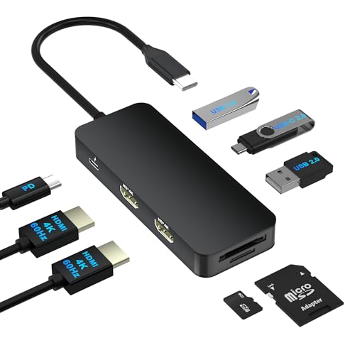 Laptop Docking Station Dual Monitor for Dell/HP/Lenovo/Mac, HDMI Splitter for Dual Monitors Extended Display, Dual Monitor Adapter 4K@60hz, USB C Docking Station for Laptop with HDMI/USB/PD/SD/TF - style: 8 IN 1 4K@60hz Black