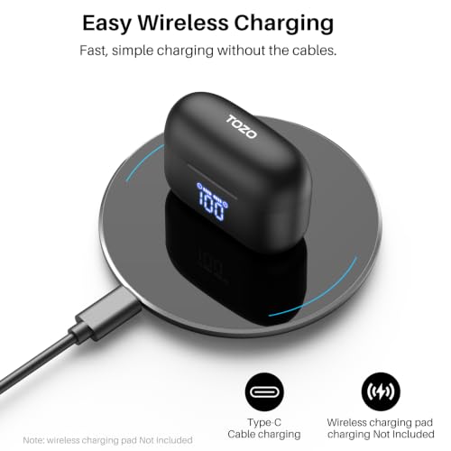 TOZO T20 Wireless Earbuds 97H Playtime, Wireless Charging LED Display Case | 10mm Deep Bass Sound, Dual Mic ENC Clear Calls, IPX8 Waterproof, Bluetooth 5.3, Comfortable Fit Ear Buds For Daily Use, Black - color: Black