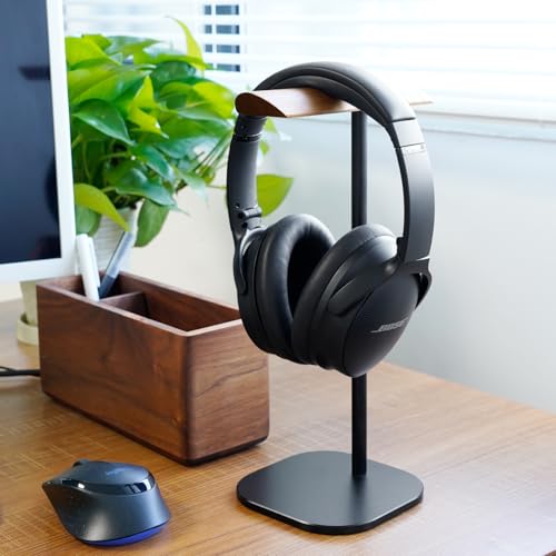 GEVO Headphone Stand for Desk, Walnut Wood & Aluminum Headset Stand, Universal Walnut Gaming Headset Holder with Solid Heavy Base for AirPod Max, Bose, Sony All Headphone Sizes (Square Base)