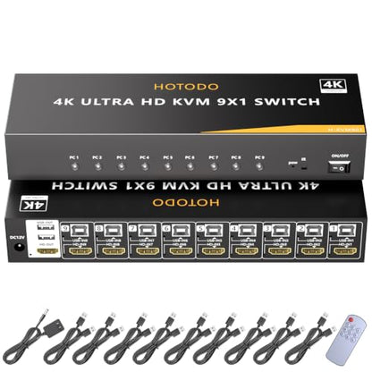 HDMI KVM Switch 9 Port, 4K@60Hz KVM Switch 9 Computers Share 1 Monitor and Keyboard Mouse, with USB 2.0 Ports, Support Button Switch/IR Remote Control, Adaptive EDID, Plug and Play.No EDID Simulation