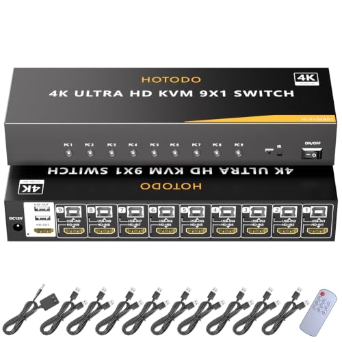 HDMI KVM Switch 9 Port, 4K@60Hz KVM Switch 9 Computers Share 1 Monitor and Keyboard Mouse, with USB 2.0 Ports, Support Button Switch/IR Remote Control, Adaptive EDID, Plug and Play.No EDID Simulation