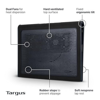 Targus 17 Inch Dual Fan Lap Chill Mat - Soft Neoprene Laptop Cooling Pad for Heat Protection, Fits Most 17" Laptops and Smaller - USB-A Connected Dual Fans for Heat Dispersion (AWE55US) - size: Tilted