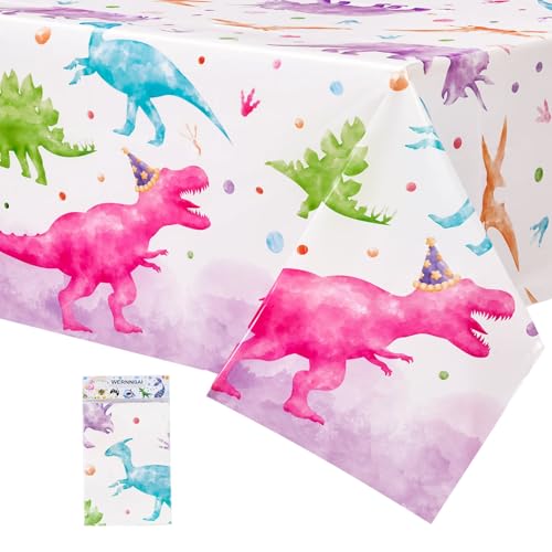 WERNNSAI Dinosaur Tablecloth - 1 Pack 108"x54" Girl Dino Table Cover | Pink Dinosaur Birthday Party Decorations, Disposable Plastic Table Cloth for Kids Dining Picnic Supplies - color: Dinosaur F