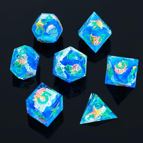 DND Dice Set 7-Pcs Sharp Edge Blue Marine Life Style Resin Dice Polyhedron Resin Sharp Edge dice Role-Playing Game RPG MTG Board Game (Marine Life - Green) - color: Marine Life - Green