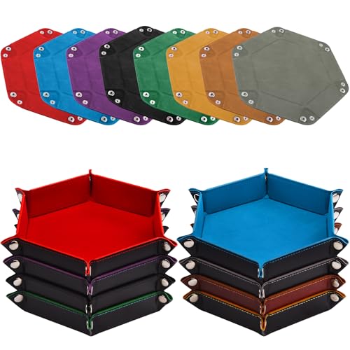 SIQUK 8 Pieces Dice Tray Hexagon Folding Dice Rolling Tray PU Leather Dice Trays Dice Holder Storage Box for D&D RPG Dice Games (Red,Blue,Violet,Black,Green,Yellow,Camel,Gray) - color: Red,blue,violet,black,green,yellow,camel,gray