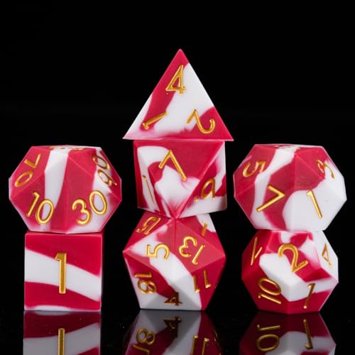 Sharp Edge Silicone Rubber Poly D&D Dice Set DND Polyhedral Dice 7pcs (D4, D6, D8, D10, D12, D20, D%) for Dungeons and Dragons, RPG, MTG for Ages 15 and Up - color: White and Red