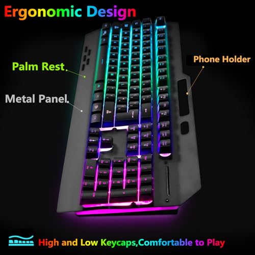 Wireless RGB Gaming Keyboard and Mouse - Rechargeable Backlit,Long Battery Life,Metal Panel Mechanical Feel with Palm Rest,7 Color Gaming Mouse and Mouse Pad for Game and Work