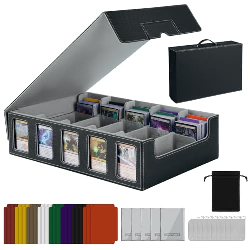 Trading Card Storage Box with Handle, 5-Row Portable Leather Game Case for 4000+ Cards,Grey Card Collection Box with Commander Display Window for MTG, Yugioh, and Sports Cards Gifts for Card Collector - color: Grey