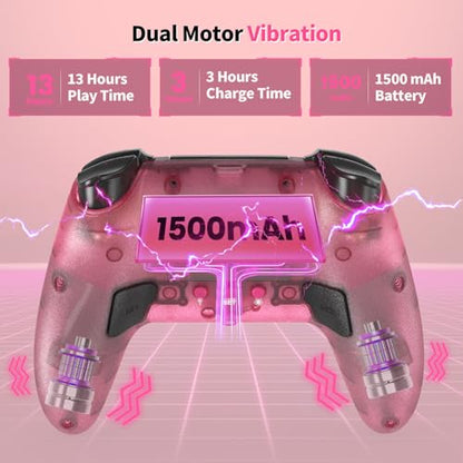 linhugame Wireless Controller for P5/Pro/Slim/PC, with Transparent Shell/RGB Tape Light/Hall Effect Joyticks and Trigger/Macro/Turbo/3.5mm Audio Jack/Speaker and Mic/1500 mAh Large Battery Gamepad (Pink)