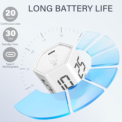 Rotating Pomodoro Timer 5, 25, 10 30,60 Mins Preset Stopwatch, Desk Flip ProductivityTimer, ADHD Tool Hexagon, Vibration/Mute/Alarm, for Work, Study, Back to School, Kitchen, White - color: White
