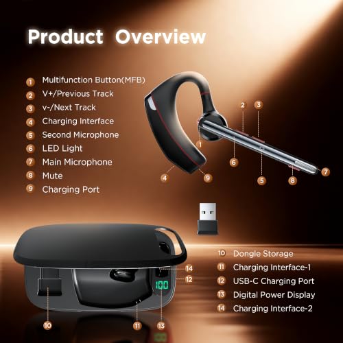 Bluetooth Headset V5.3, Wireless Headset with Dual Noise-Canceling Microphones, Portable Charging Case, 300H Standby Time, Hands Free Headphones for PC Cell Phones, Trucker Office Work (Red) - color: Red