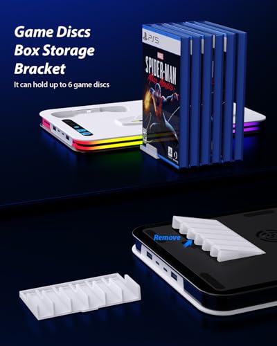 PS5 Cooling Station for PS5/Slim/Pro,PS5 Fan Cooling Fan with 8 RGB Light P5 Cooling Stand with 3 Level Fan Vertical Controller Charger Station with Dual Controller Chargers Dics Storage 4 HUB