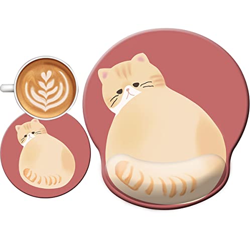 Cute Ergonomic Mouse Pad Wrist Support,[ 20% Larger] Game Wrist Rest Non-Slip Gel Anime Kawaii 3D Red Mouse Pads Rest, Cat Wrist Padwith Coaster,Easy-Typing,Pain Relief, Gaming Work Study Home Office - color: Cat