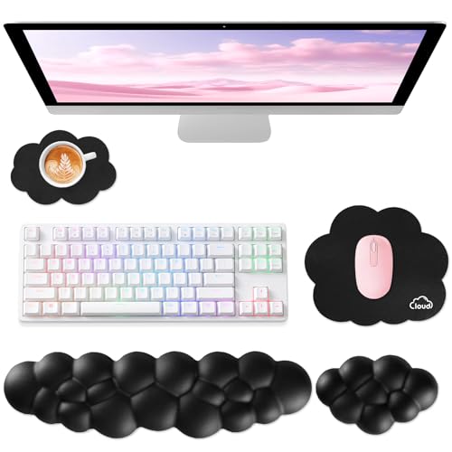 Sushret Cloud Wrist Rest for Computer Keyboard and Mouse Pad Set, Black | Memory Foam, Leather, 4-in-1 Cloud Keyboard Wrist Rest Set with Ergonomic Support for Arm and Palm Cushion, Gaming/Work Setup - color: 05 Black Set, size: Tenkeyless