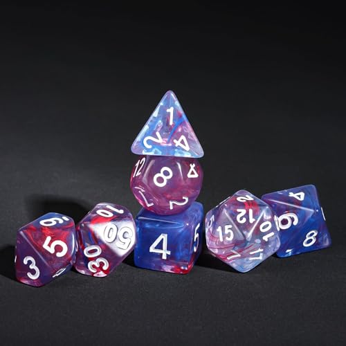 7-Die DND Dice Set Polyhedral Dice Set with a Leather Dice Bag, D&D Dice Set for RPG Table Games (Transparent Blue Mix Red) - color: Blue Mix Red