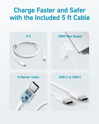 Anker Laptop Charger, Compact Foldable 100W USB C Charger with 5FT Cable | High-Speed for MacBook Pro/Air, Samsung Galaxy, iPhone 17/16, iPad Pro, and More - color: Arctic White