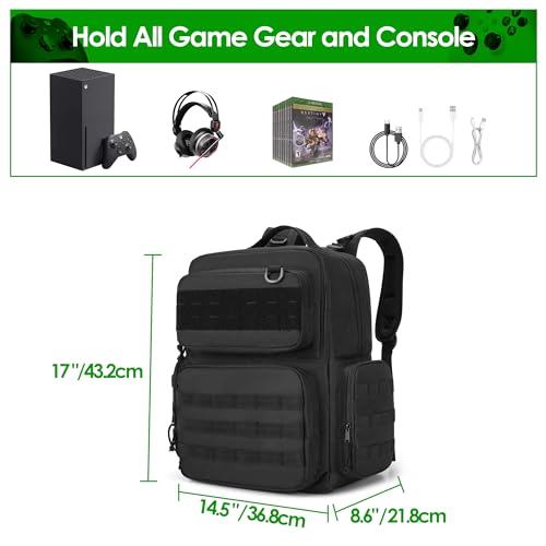PGmoon Travel Tactical Backpack Compatible with Xbox Series X Console | Carrying Case Bag with Individual Room for Console, Plenty of Pockets for Controllers, Headphone and More(Patent Design)